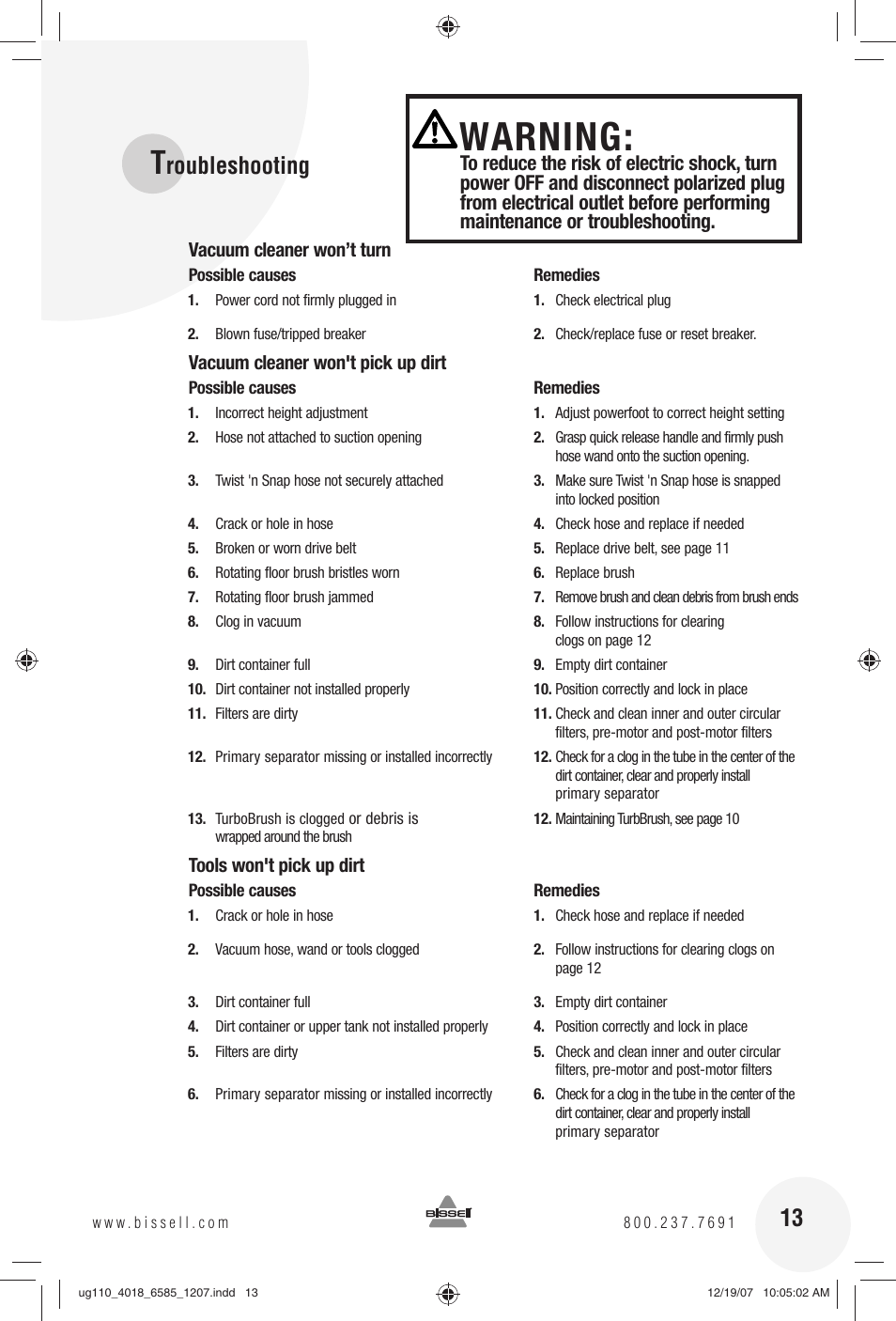 Warning, Roubleshooting | Bissell Powerforce Turbo bagless 6585 series User Manual | Page 13 / 16