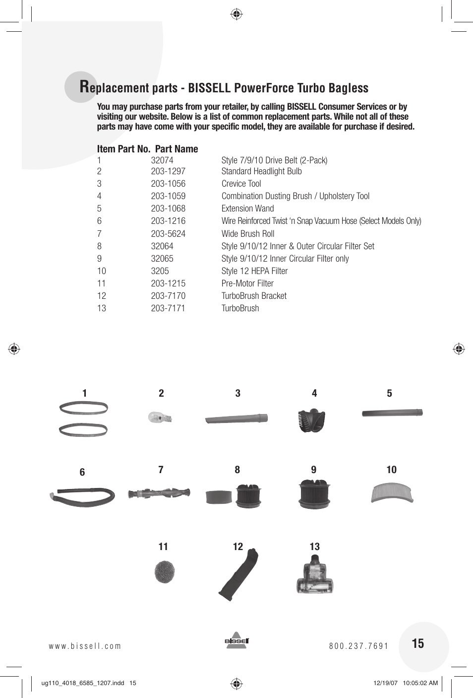 Bissell Powerforce Turbo bagless 6585 series User Manual | Page 15 / 16