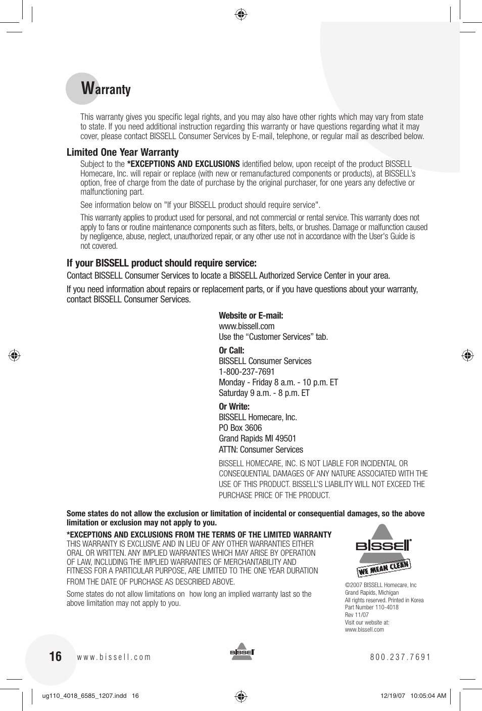 Arranty | Bissell Powerforce Turbo bagless 6585 series User Manual | Page 16 / 16