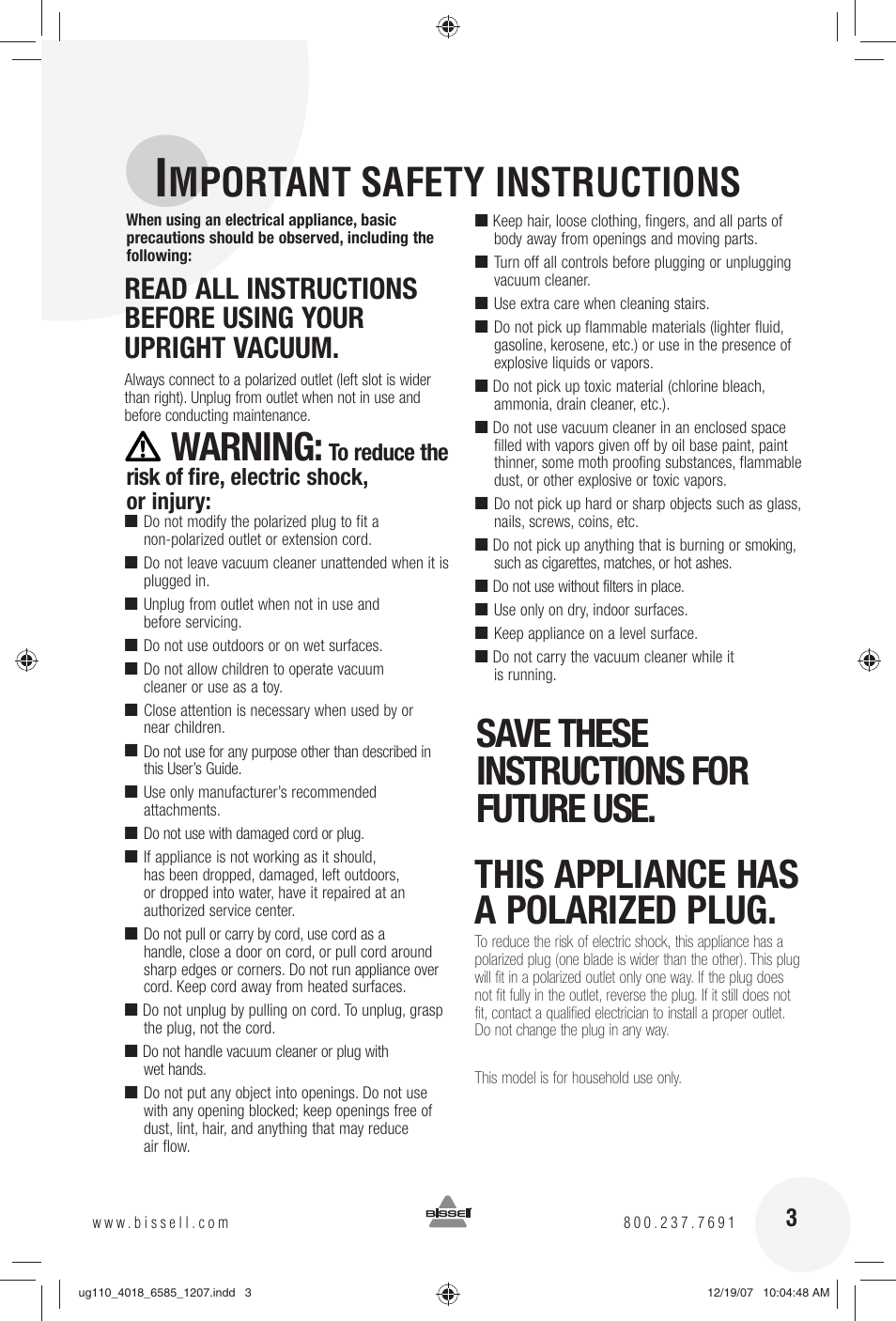 Mportant safety instructions, Warning | Bissell Powerforce Turbo bagless 6585 series User Manual | Page 3 / 16