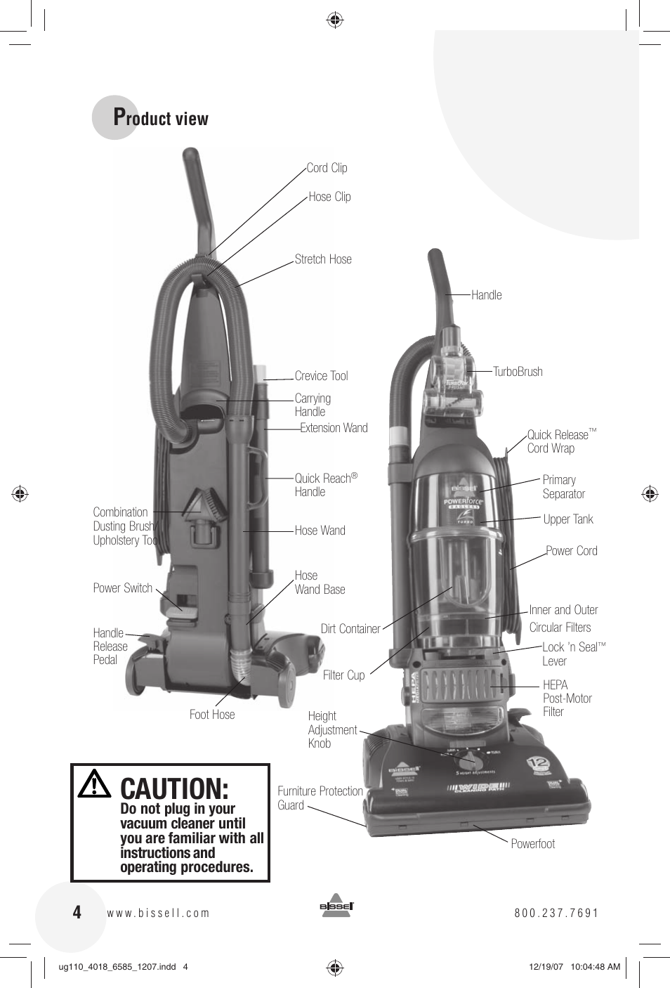 Caution, Roduct view | Bissell Powerforce Turbo bagless 6585 series User Manual | Page 4 / 16