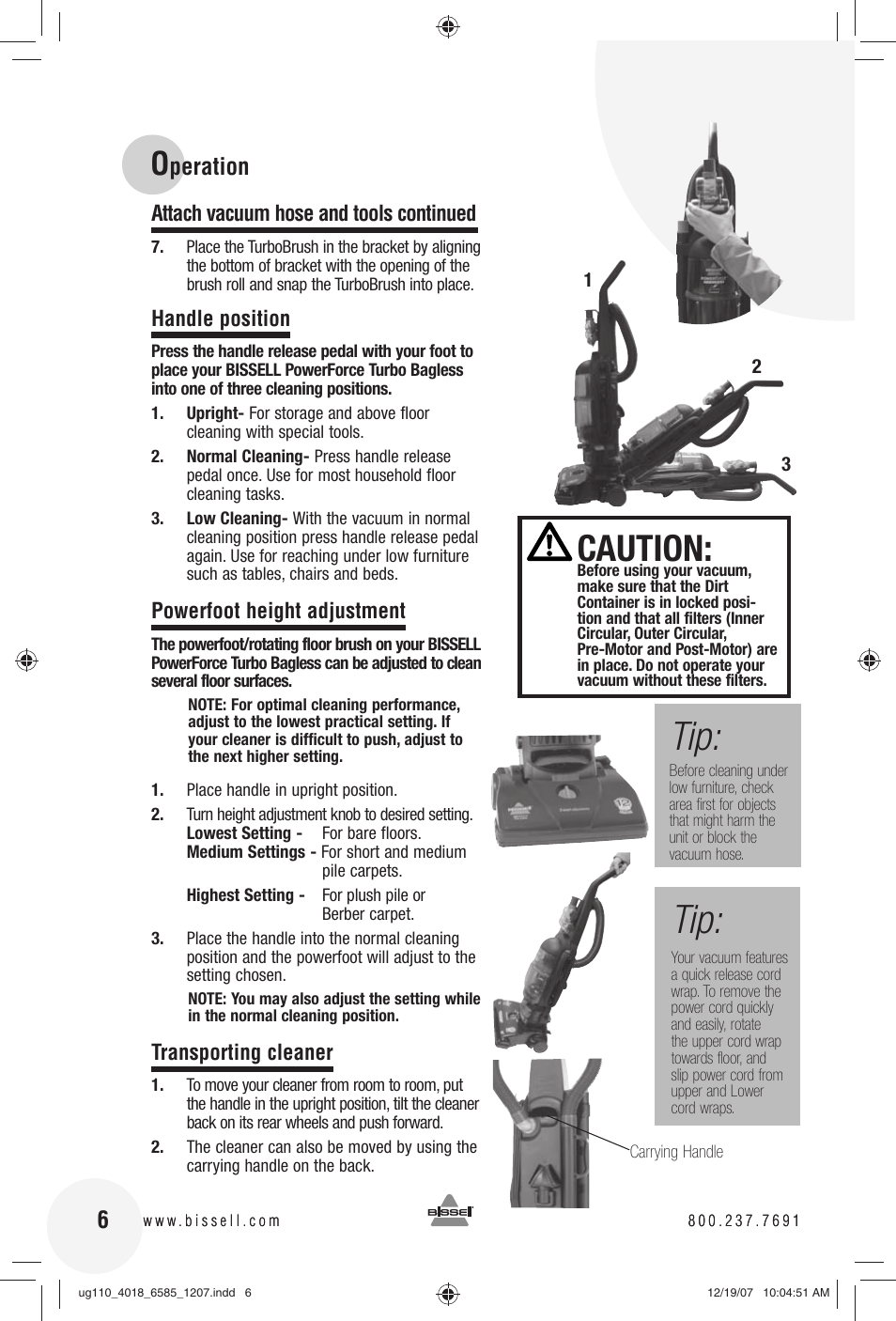 Caution, Peration 6 | Bissell Powerforce Turbo bagless 6585 series User Manual | Page 6 / 16