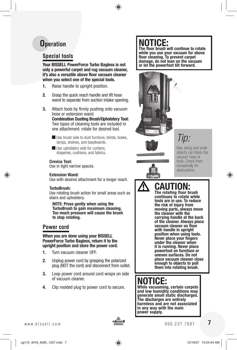 Notice, Caution, Peration | Bissell Powerforce Turbo bagless 6585 series User Manual | Page 7 / 16
