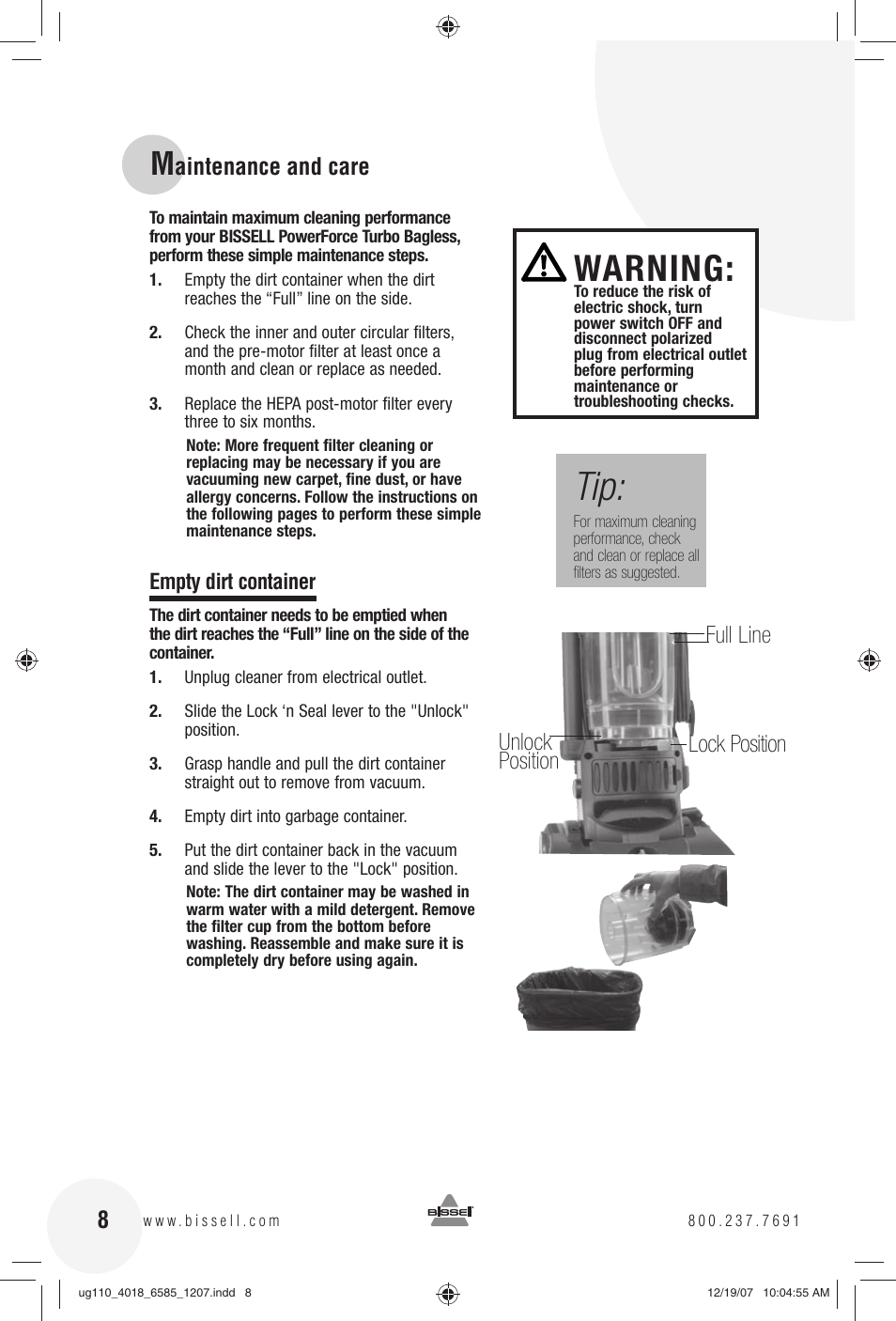 Warning, Aintenance and care, Lock position unlock position full line | Bissell Powerforce Turbo bagless 6585 series User Manual | Page 8 / 16