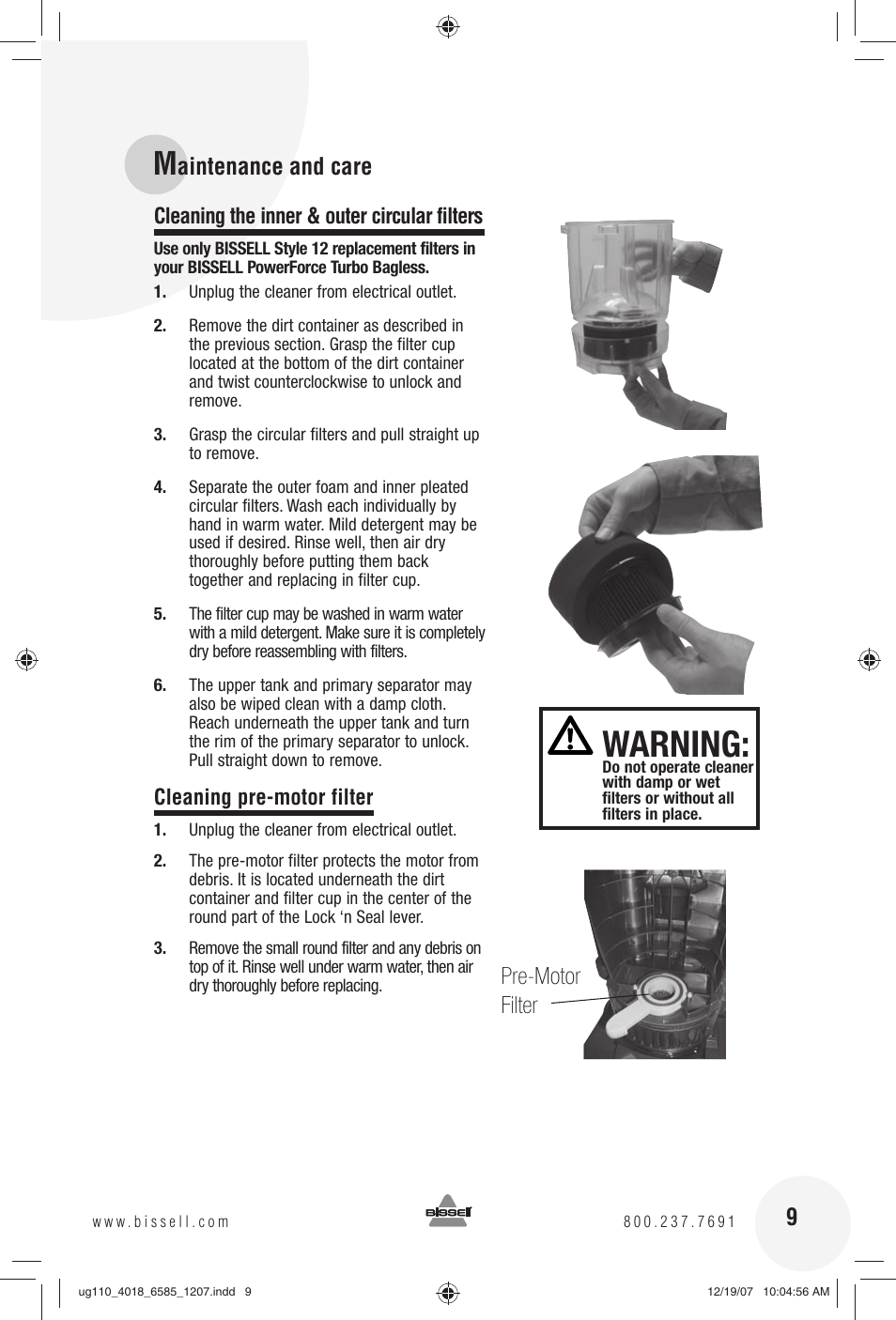 Warning, Aintenance and care 9, Pre-motor filter | Bissell Powerforce Turbo bagless 6585 series User Manual | Page 9 / 16