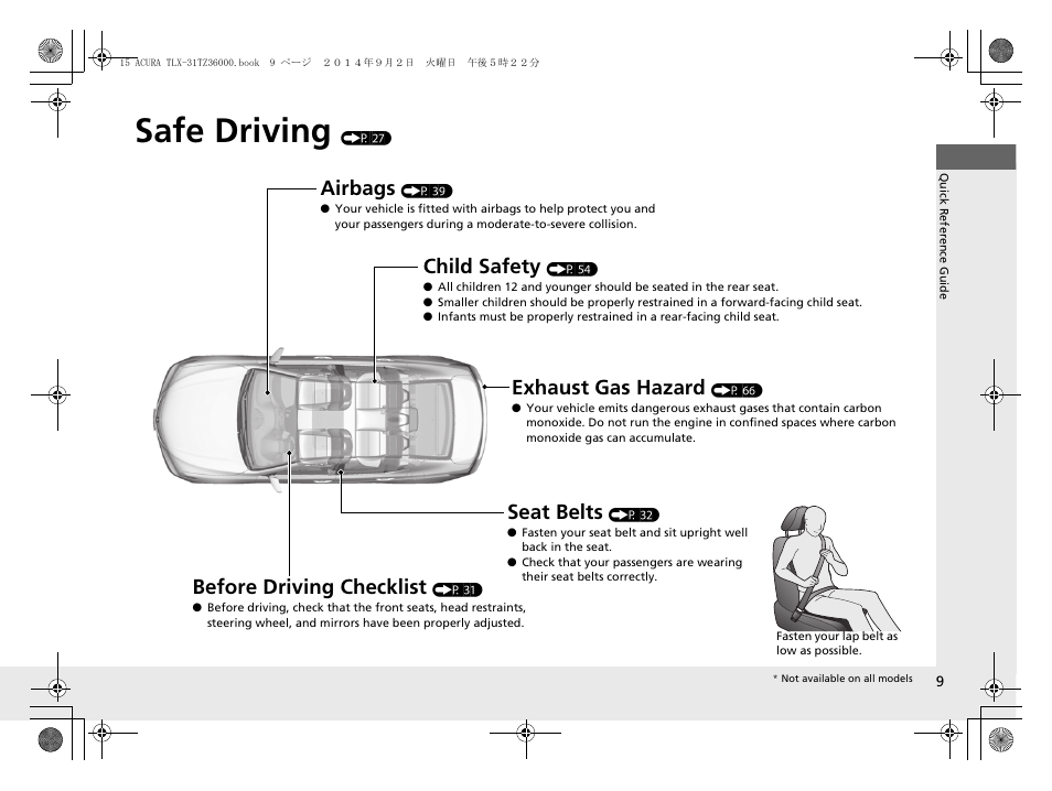 Safe driving (p 27), Safe driving, Airbags | Child safety, Exhaust gas hazard, Before driving checklist, Seat belts | Acura 2015 TLX - Owner's Manual (Revised 12/13/2014) User Manual | Page 10 / 545