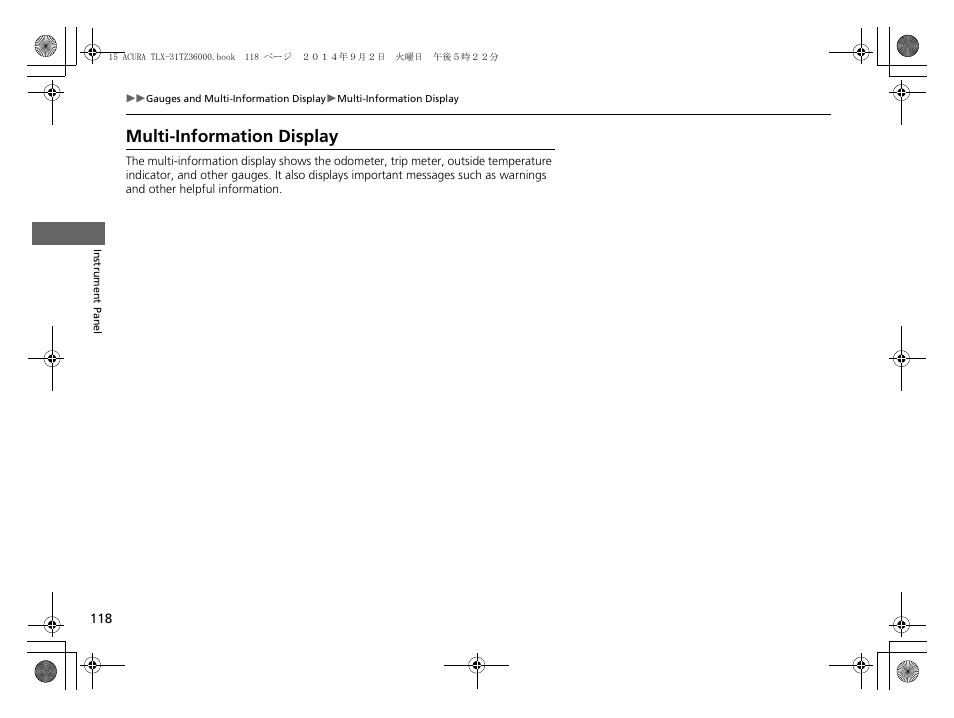 P118), P118, Multi-information display | Acura 2015 TLX - Owner's Manual (Revised 12/13/2014) User Manual | Page 119 / 545