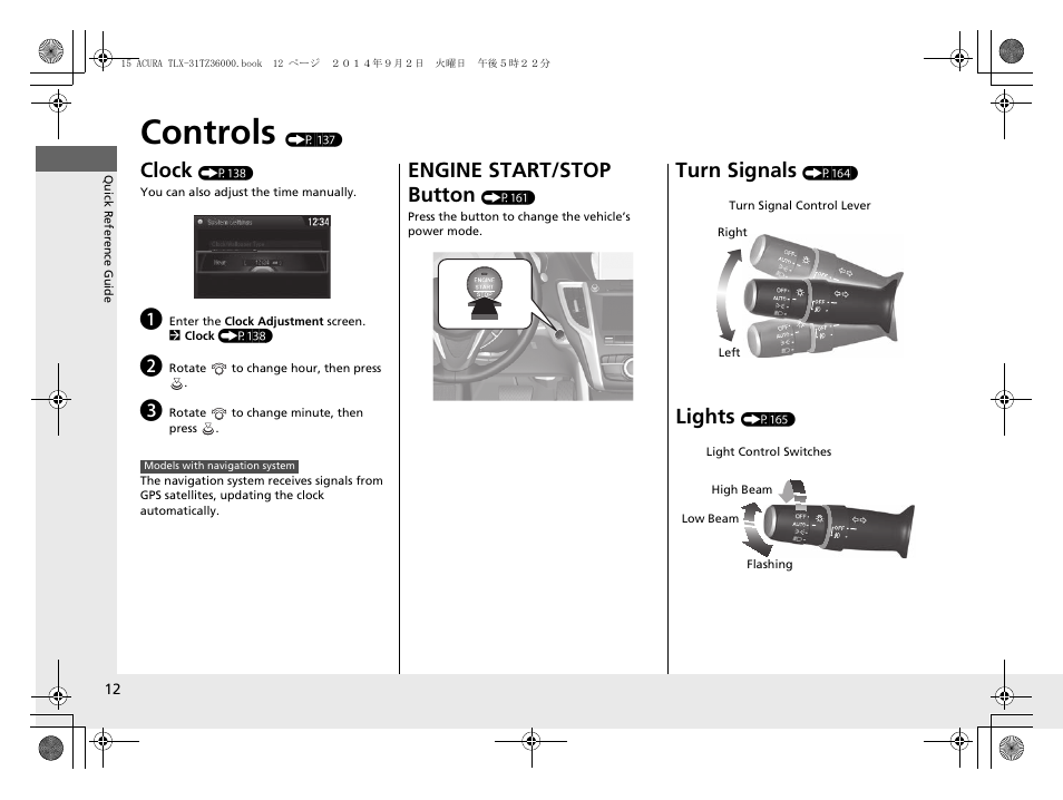 Controls (p 137), Controls, Clock | Engine start/stop button, Turn signals, Lights | Acura 2015 TLX - Owner's Manual (Revised 12/13/2014) User Manual | Page 13 / 545