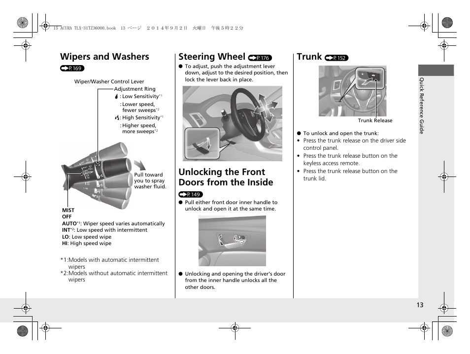Wipers and washers, Steering wheel, Unlocking the front doors from the inside | Trunk | Acura 2015 TLX - Owner's Manual (Revised 12/13/2014) User Manual | Page 14 / 545