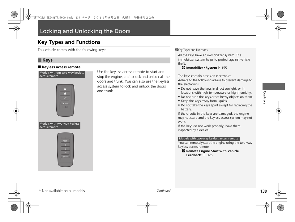 Locking and unlocking the doors p. 139, Locking and unlocking the doors, Key types and functions | Acura 2015 TLX - Owner's Manual (Revised 12/13/2014) User Manual | Page 140 / 545