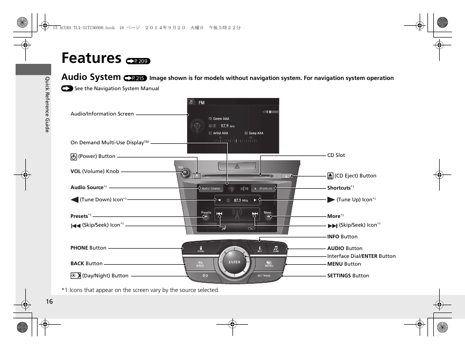 Features (p209), Features, Audio system | Acura 2015 TLX - Owner's Manual (Revised 12/13/2014) User Manual | Page 17 / 545