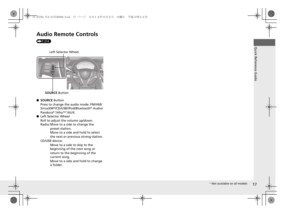 Audio remote controls | Acura 2015 TLX - Owner's Manual (Revised 12/13/2014) User Manual | Page 18 / 545