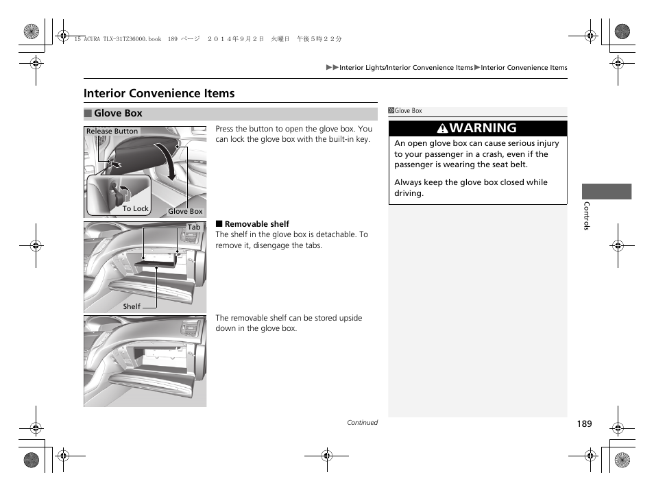 P189), Interior convenience items, Warning | Acura 2015 TLX - Owner's Manual (Revised 12/13/2014) User Manual | Page 190 / 545