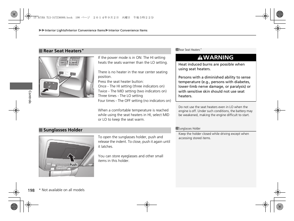 P198), Warning | Acura 2015 TLX - Owner's Manual (Revised 12/13/2014) User Manual | Page 199 / 545