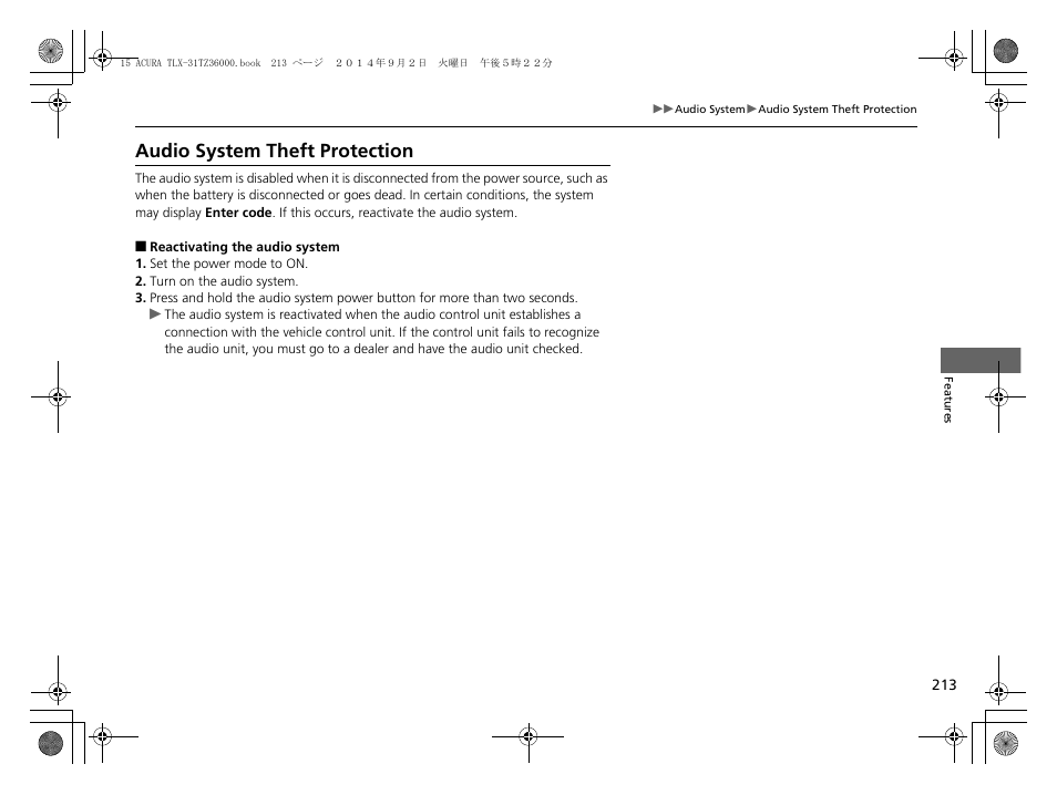 Audio system theft protection | Acura 2015 TLX - Owner's Manual (Revised 12/13/2014) User Manual | Page 214 / 545