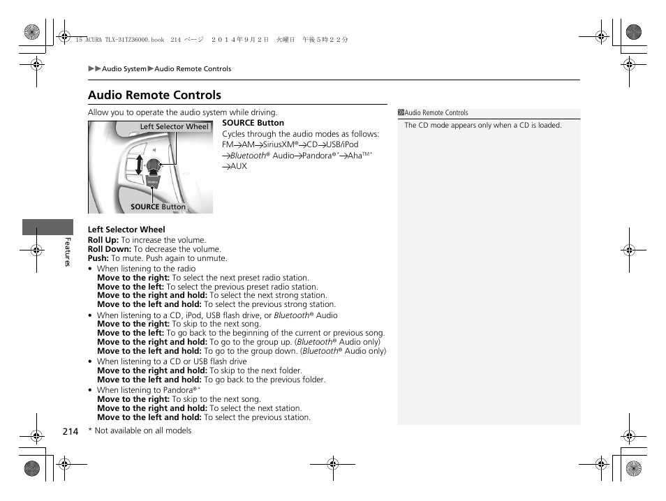 P214), Audio remote controls | Acura 2015 TLX - Owner's Manual (Revised 12/13/2014) User Manual | Page 215 / 545
