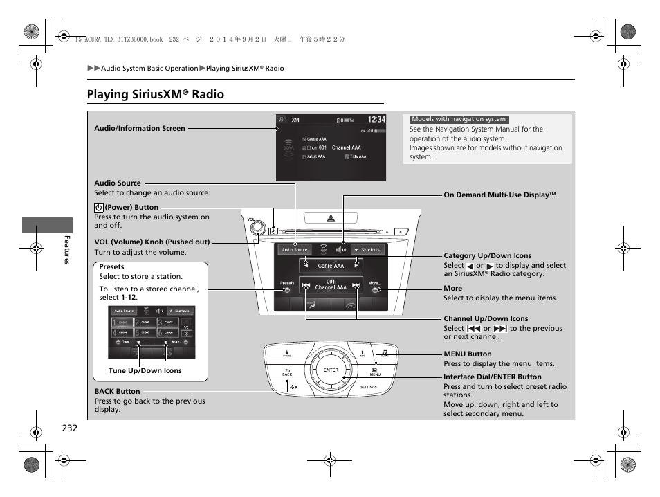 Playing siriusxm® radio | Acura 2015 TLX - Owner's Manual (Revised 12/13/2014) User Manual | Page 233 / 545