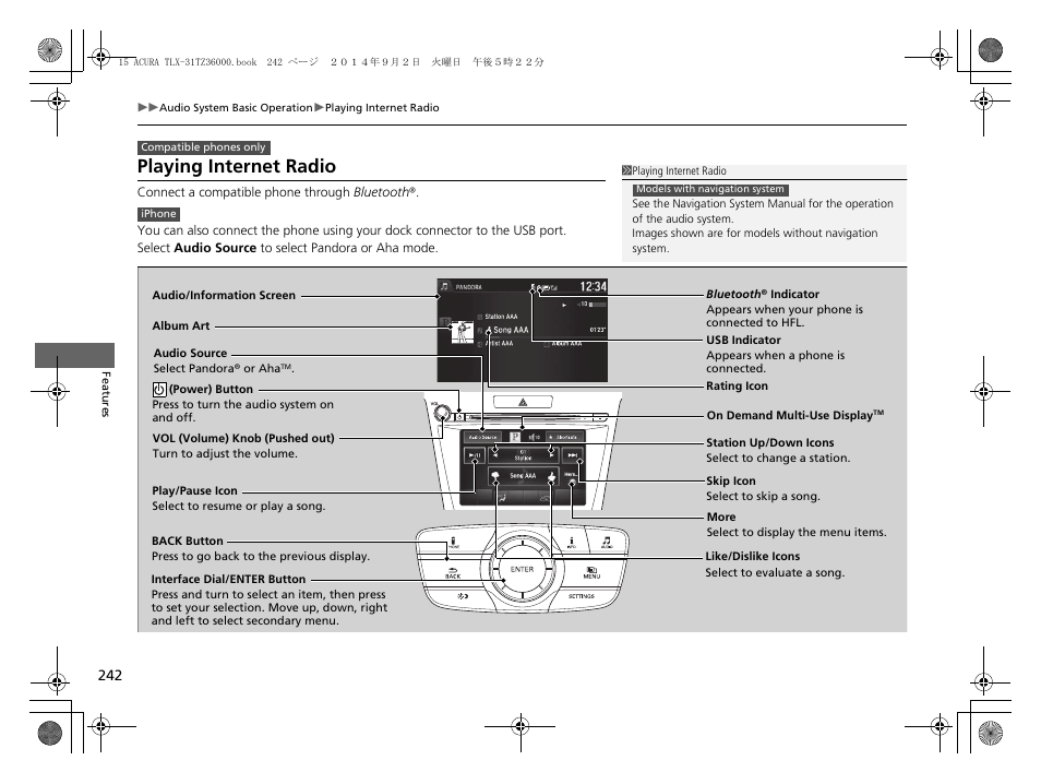Playing internet radio | Acura 2015 TLX - Owner's Manual (Revised 12/13/2014) User Manual | Page 243 / 545
