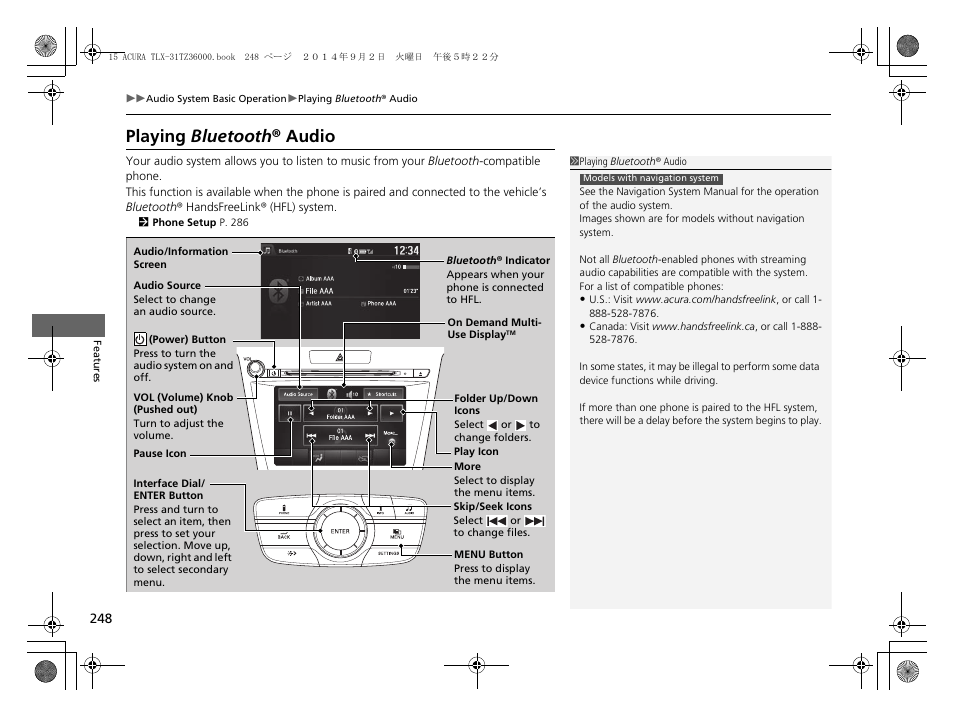 Playing bluetooth ® audio | Acura 2015 TLX - Owner's Manual (Revised 12/13/2014) User Manual | Page 249 / 545