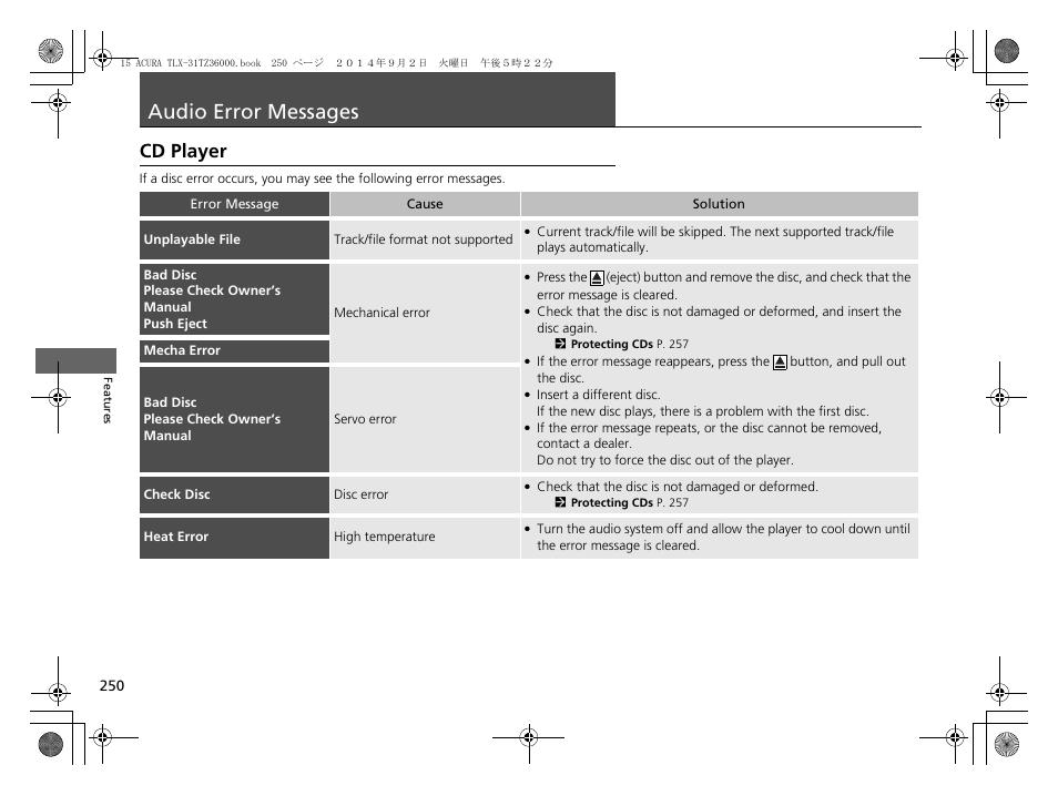 Audio error messages p. 250, Audio error messages, Cd player | Acura 2015 TLX - Owner's Manual (Revised 12/13/2014) User Manual | Page 251 / 545