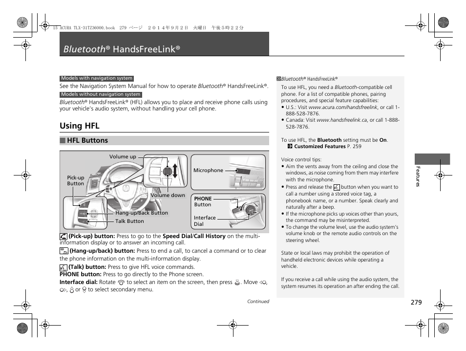 Bluetooth ® handsfreelink, Using hfl | Acura 2015 TLX - Owner's Manual (Revised 12/13/2014) User Manual | Page 280 / 545