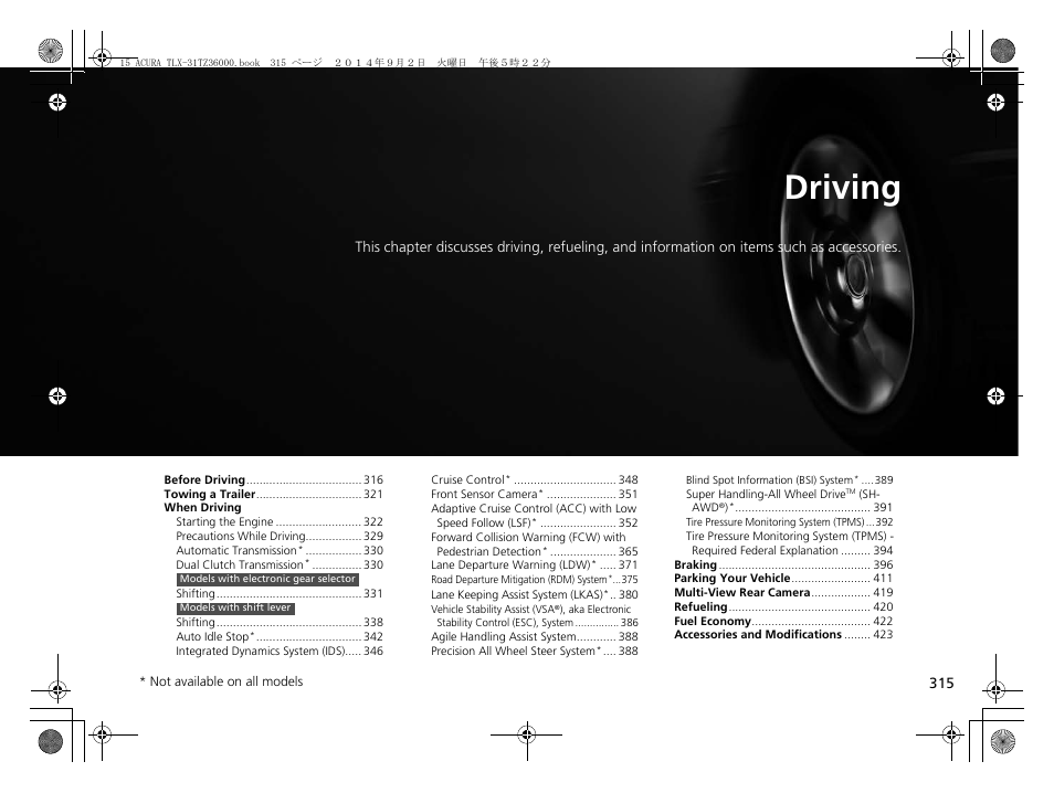 Driving | Acura 2015 TLX - Owner's Manual (Revised 12/13/2014) User Manual | Page 316 / 545