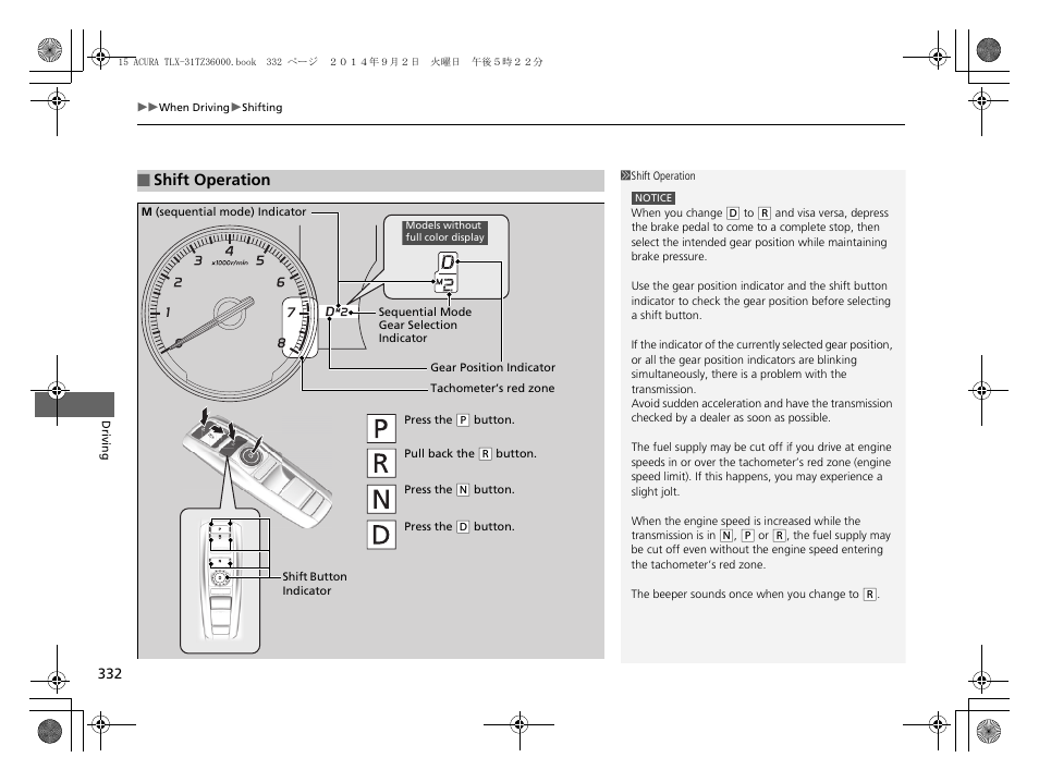 Shift operation | Acura 2015 TLX - Owner's Manual (Revised 12/13/2014) User Manual | Page 333 / 545