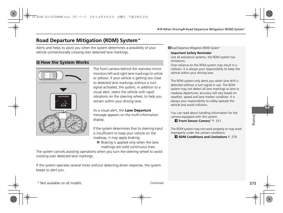 Road departure mitigation (rdm) system | Acura 2015 TLX - Owner's Manual (Revised 12/13/2014) User Manual | Page 376 / 545