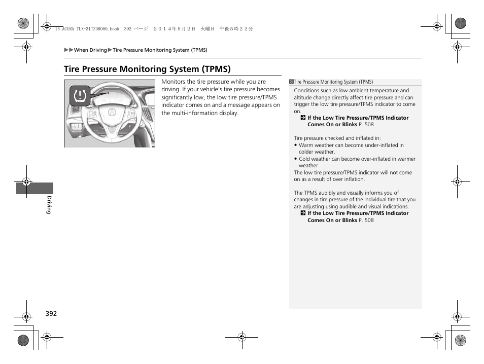 P392, Tire pressure monitoring system (tpms) | Acura 2015 TLX - Owner's Manual (Revised 12/13/2014) User Manual | Page 393 / 545