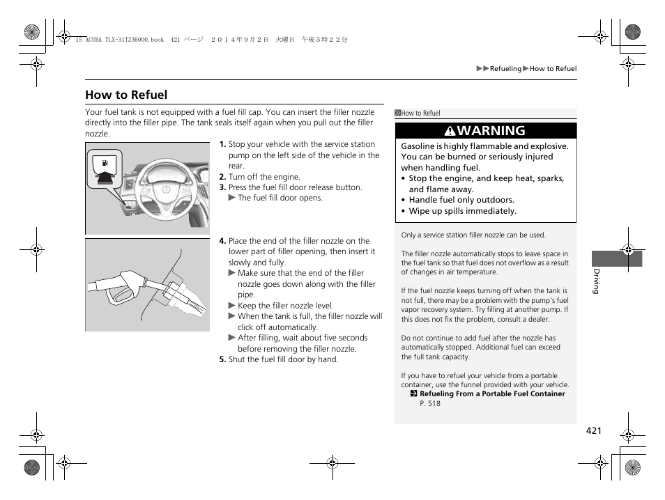 P421), Warning, How to refuel | Acura 2015 TLX - Owner's Manual (Revised 12/13/2014) User Manual | Page 422 / 545