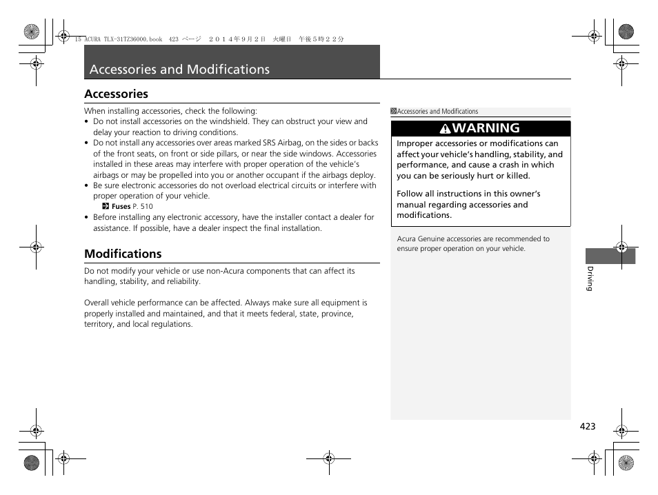 Accessories and modifications, Warning, Accessories | Modifications | Acura 2015 TLX - Owner's Manual (Revised 12/13/2014) User Manual | Page 424 / 545