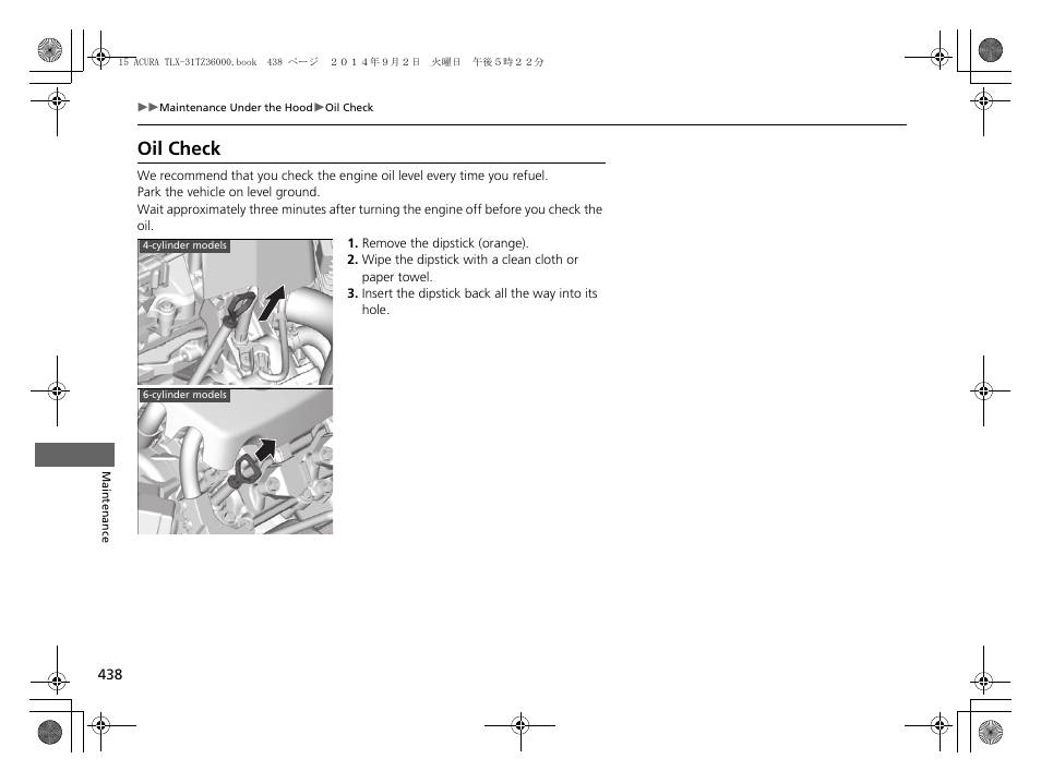 Oil check | Acura 2015 TLX - Owner's Manual (Revised 12/13/2014) User Manual | Page 439 / 545