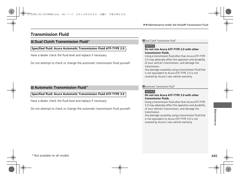 Transmission fluid | Acura 2015 TLX - Owner's Manual (Revised 12/13/2014) User Manual | Page 446 / 545