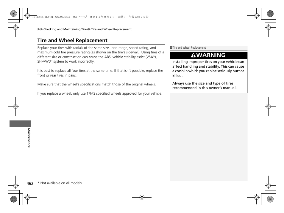 Tire and wheel replacement, Warning | Acura 2015 TLX - Owner's Manual (Revised 12/13/2014) User Manual | Page 463 / 545