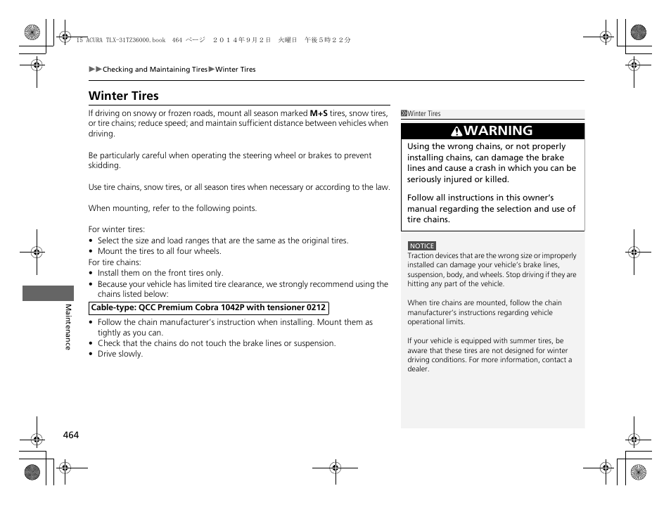 Winter tires, Warning | Acura 2015 TLX - Owner's Manual (Revised 12/13/2014) User Manual | Page 465 / 545