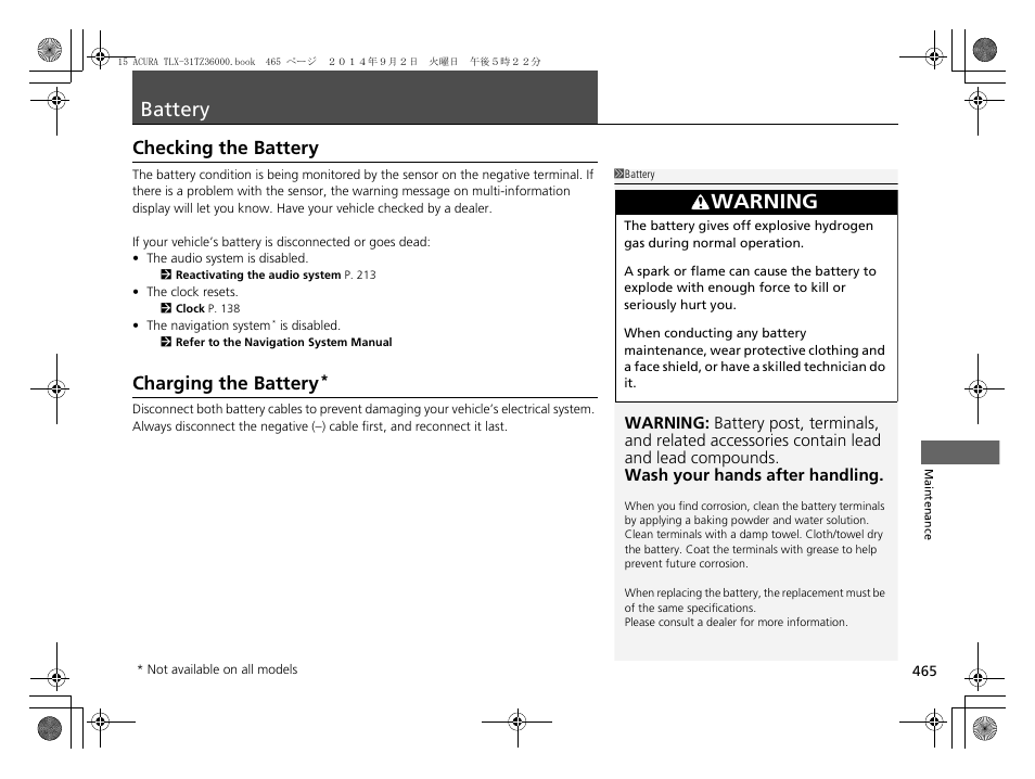 Battery p. 465, Checking the battery, Battery | Warning, Charging the battery | Acura 2015 TLX - Owner's Manual (Revised 12/13/2014) User Manual | Page 466 / 545