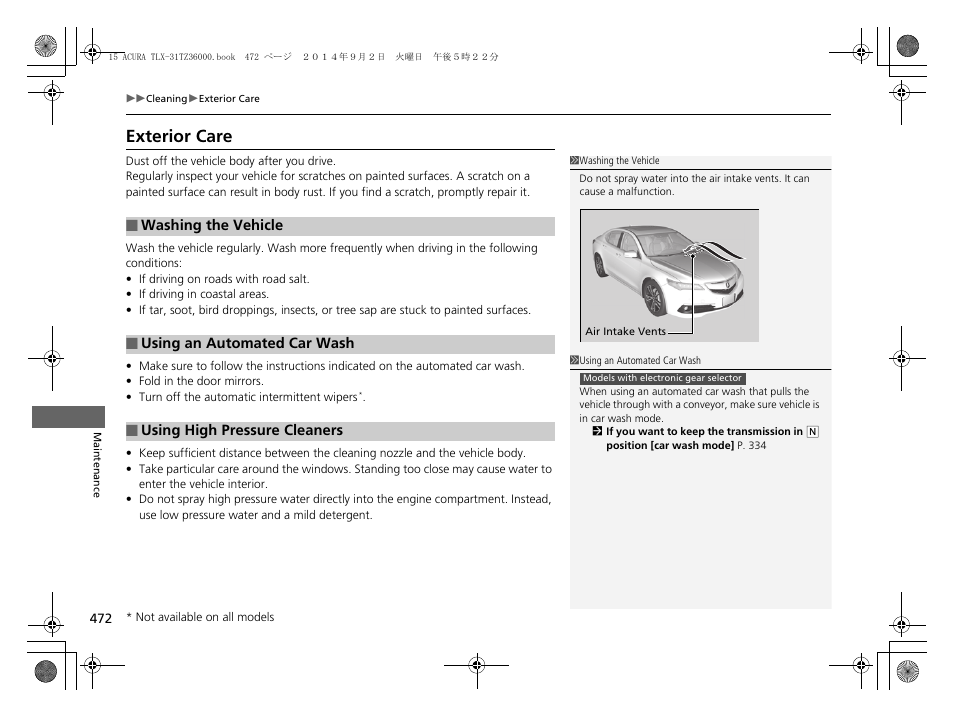 Exterior care | Acura 2015 TLX - Owner's Manual (Revised 12/13/2014) User Manual | Page 473 / 545