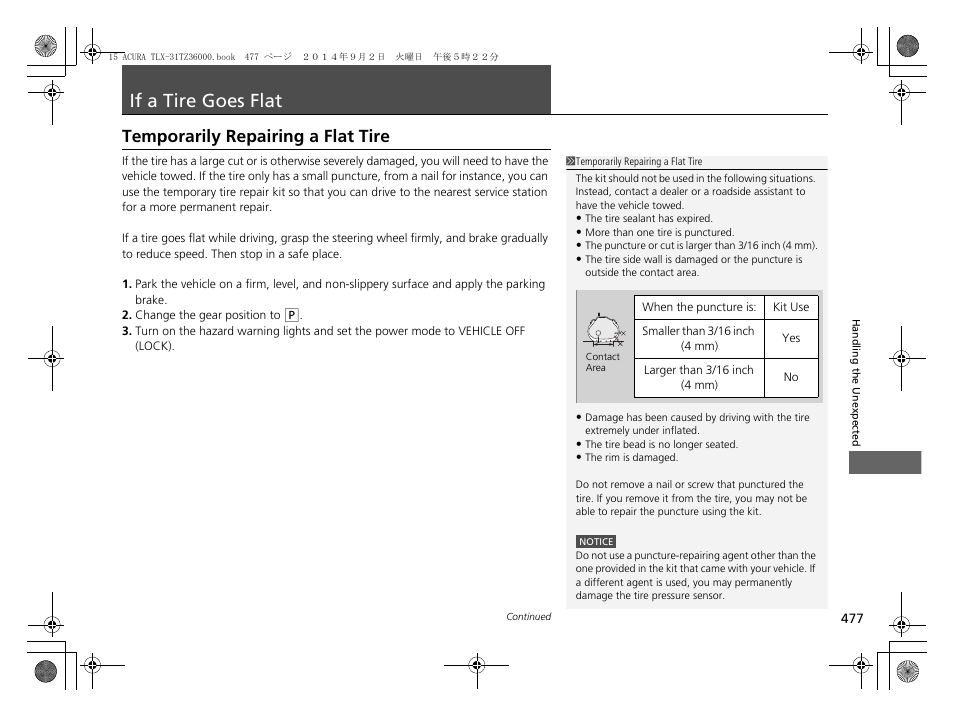 If a tire goes flat p, P477), If a tire goes flat | Temporarily repairing a flat tire | Acura 2015 TLX - Owner's Manual (Revised 12/13/2014) User Manual | Page 478 / 545