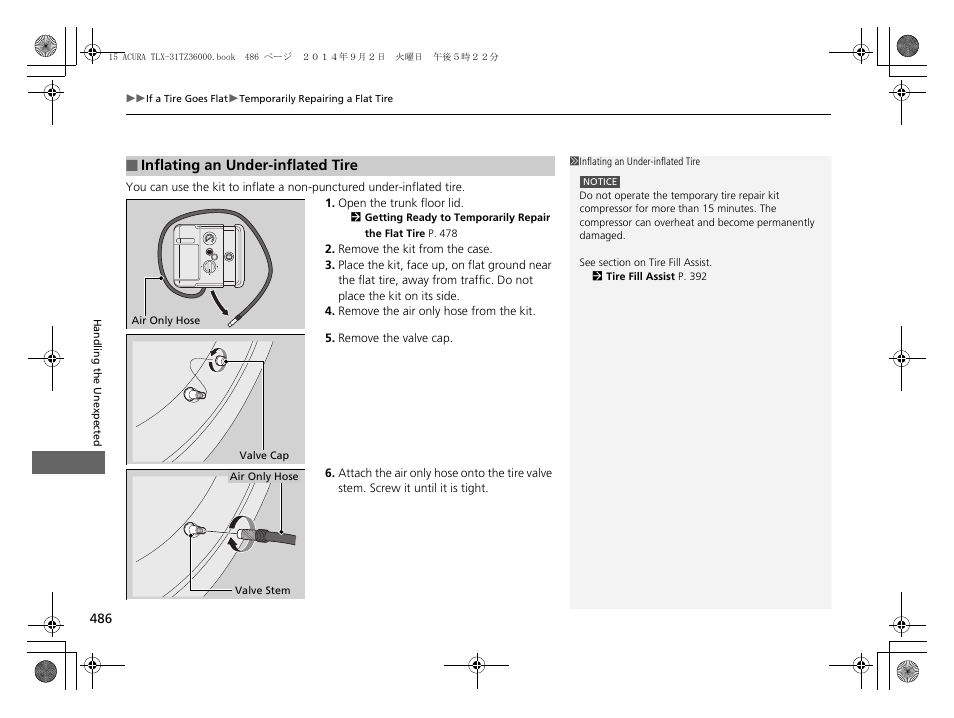 Inflating an under-inflated tire | Acura 2015 TLX - Owner's Manual (Revised 12/13/2014) User Manual | Page 487 / 545