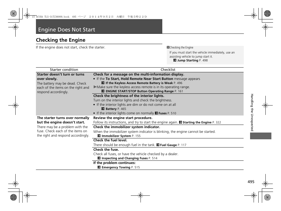 Engine does not start p, P495), Engine does not start | Checking the engine | Acura 2015 TLX - Owner's Manual (Revised 12/13/2014) User Manual | Page 496 / 545