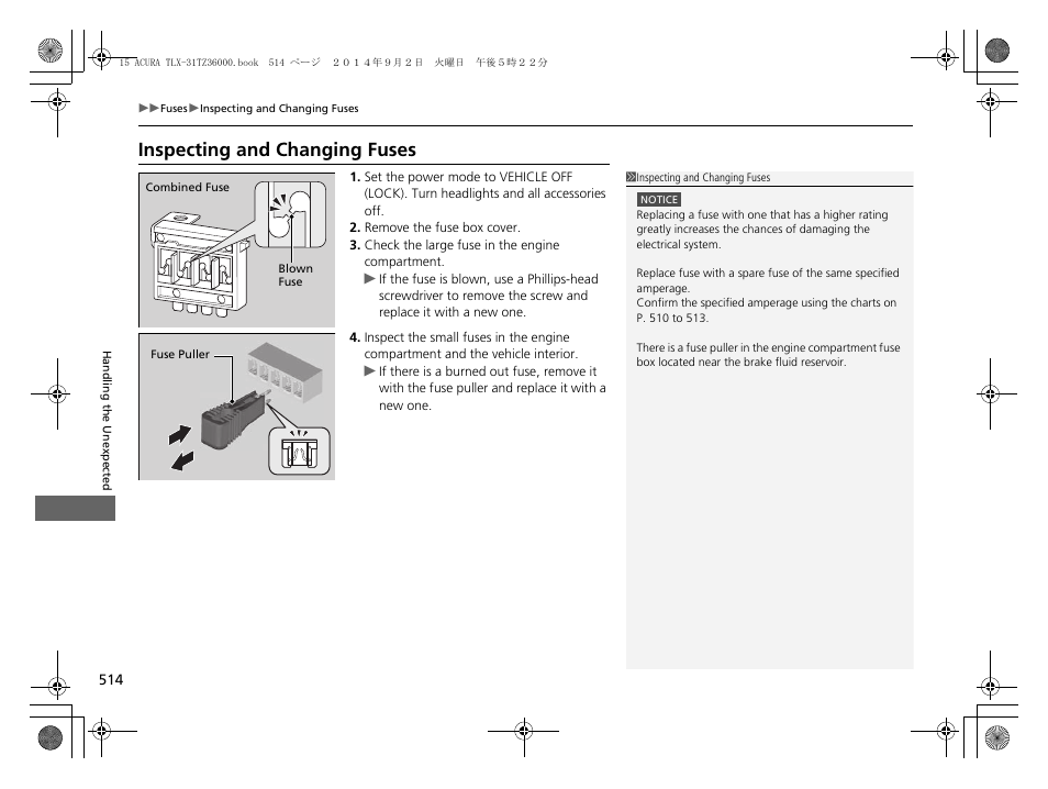 Inspecting and changing fuses, Inspecting and changing fuses p. 514 | Acura 2015 TLX - Owner's Manual (Revised 12/13/2014) User Manual | Page 515 / 545