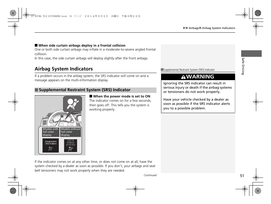 Airbag system indicators, Warning | Acura 2015 TLX - Owner's Manual (Revised 12/13/2014) User Manual | Page 52 / 545