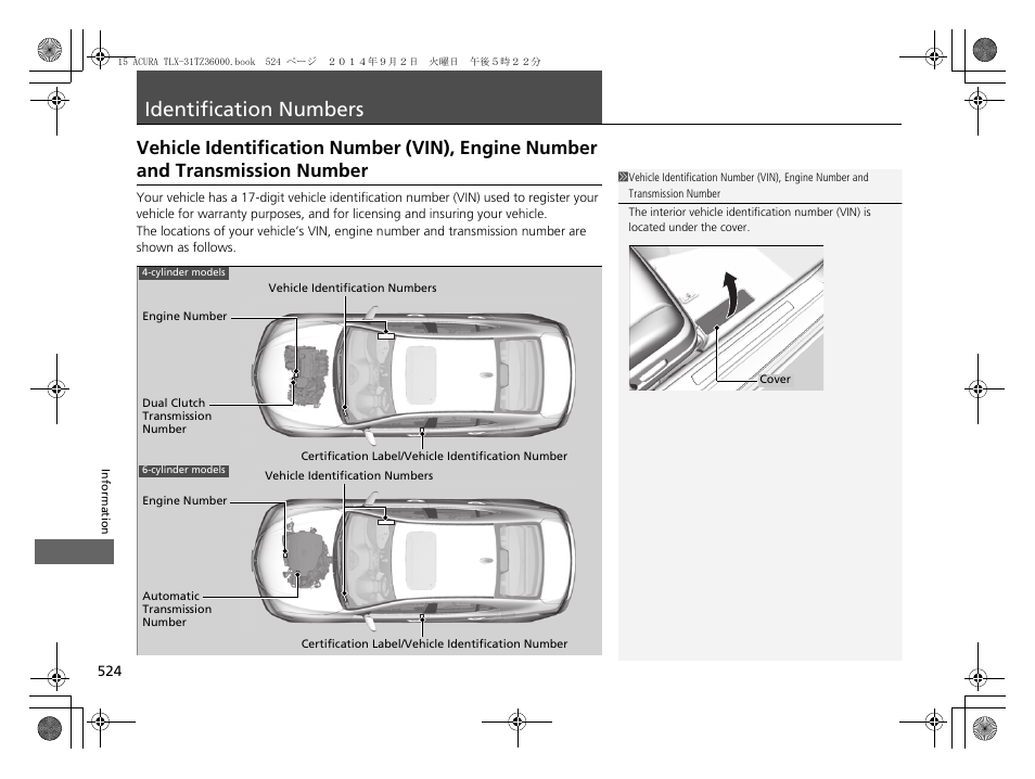 Identification numbers p. 524, Identification numbers, Vehicle identification number (vin) | Engine number and transmission number | Acura 2015 TLX - Owner's Manual (Revised 12/13/2014) User Manual | Page 525 / 545