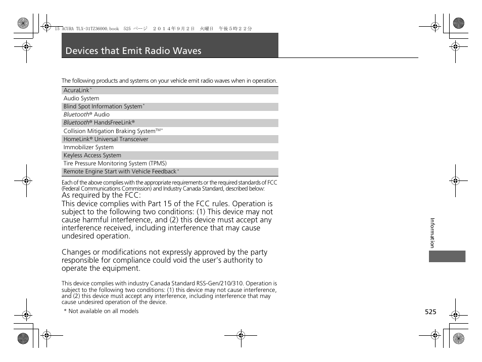 Devices that emit radio waves | Acura 2015 TLX - Owner's Manual (Revised 12/13/2014) User Manual | Page 526 / 545