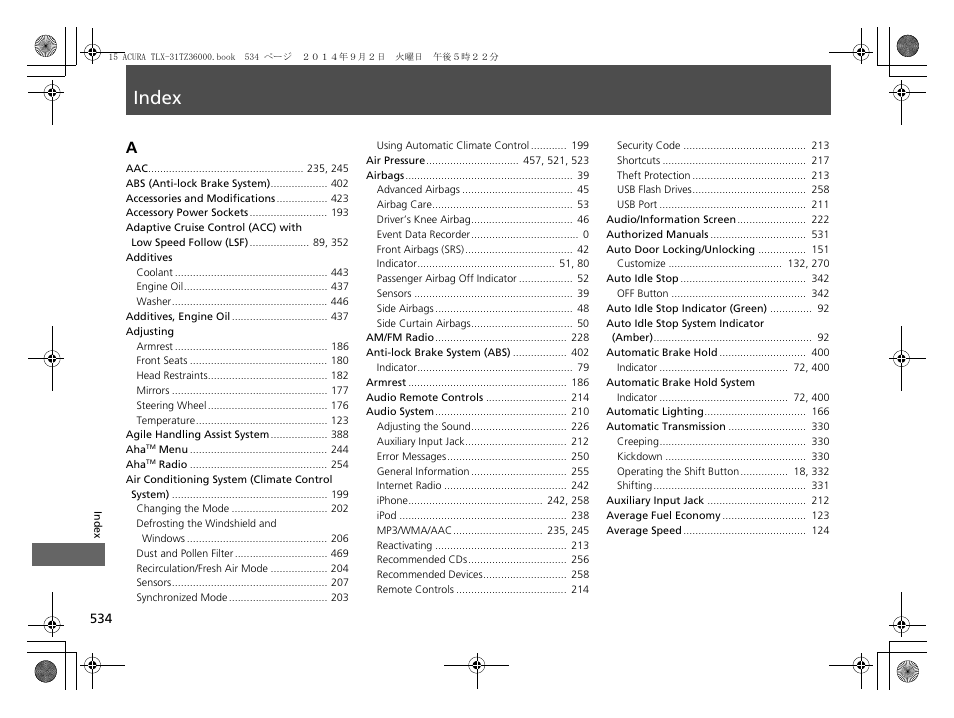 Index, Index a | Acura 2015 TLX - Owner's Manual (Revised 12/13/2014) User Manual | Page 535 / 545