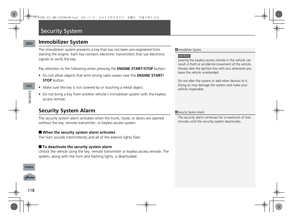 Security system, P. 118, Immobilizer system | Security system alarm | Acura 2014 ILX Hybrid - Owner's Manual User Manual | Page 119 / 365