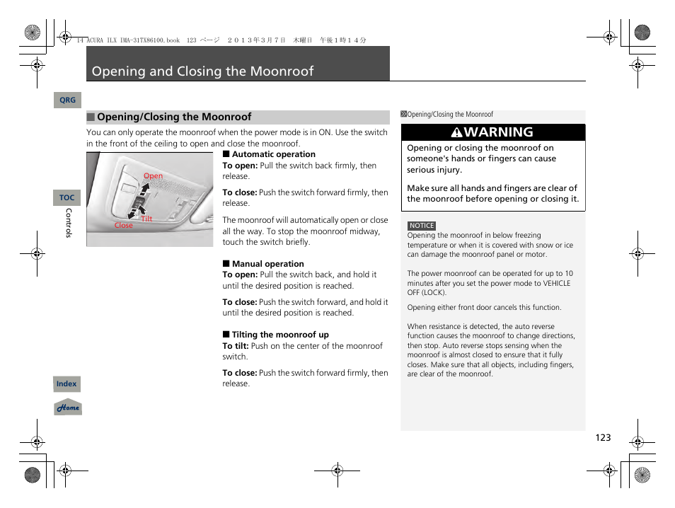 Opening and closing the moonroof, P. 123, P 123) | Warning | Acura 2014 ILX Hybrid - Owner's Manual User Manual | Page 124 / 365