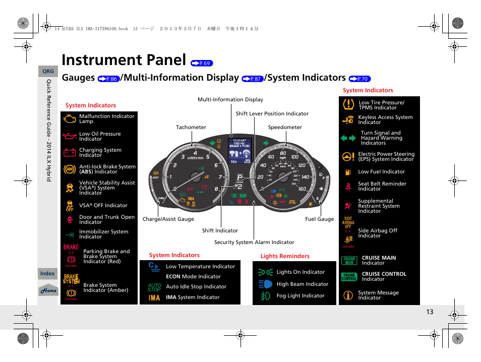 Instrument panel (p69), Instrument panel, Gauges | Multi-informa tion display, System indicators | Acura 2014 ILX Hybrid - Owner's Manual User Manual | Page 14 / 365