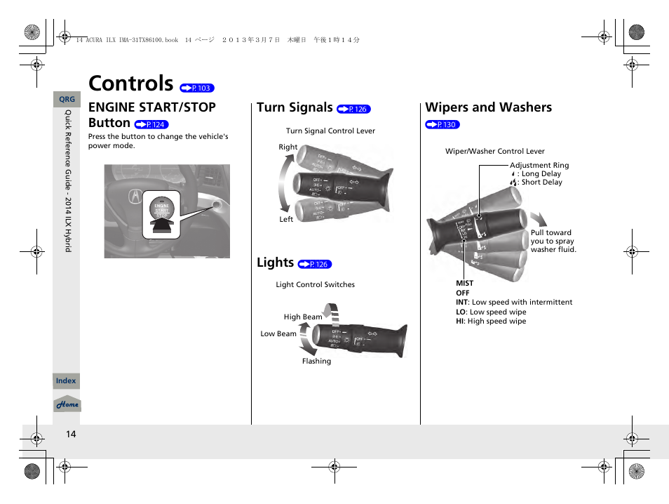 Controls (p103), Controls, Engine start/stop button | Turn signals, Lights, Wipers and washers | Acura 2014 ILX Hybrid - Owner's Manual User Manual | Page 15 / 365