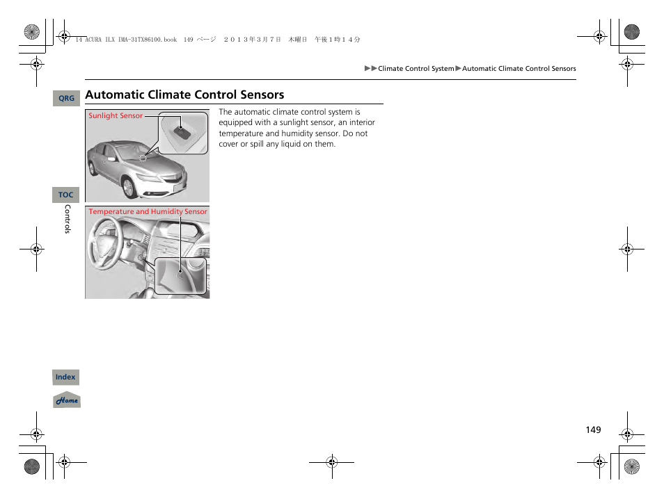 Automatic climate control sensors | Acura 2014 ILX Hybrid - Owner's Manual User Manual | Page 150 / 365